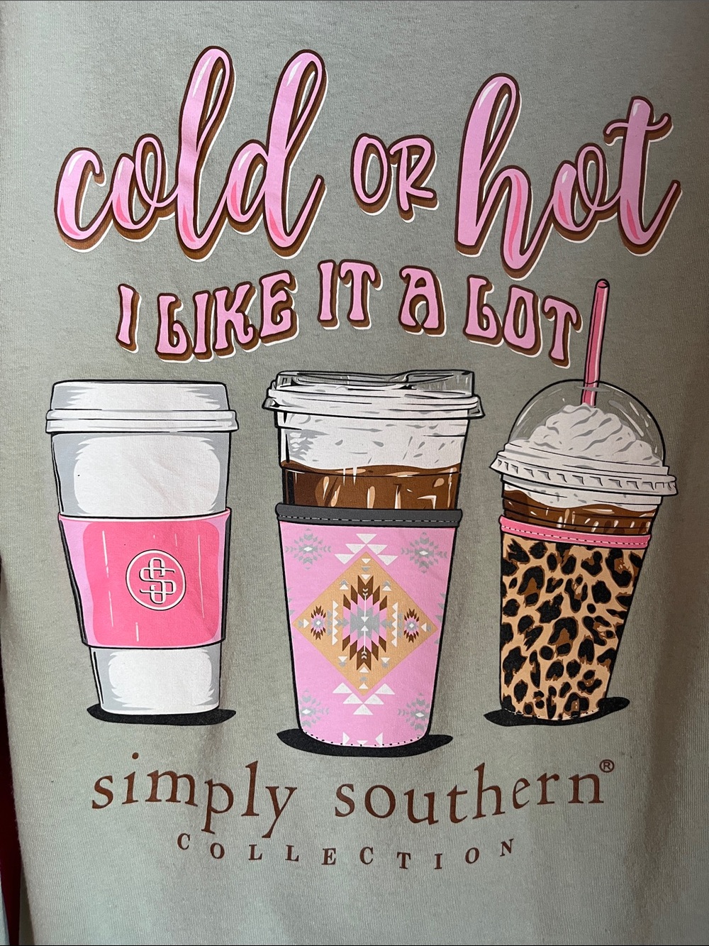 Simply Southern Sage Long Sleeve Tee with Pink & Leopard Coffee Graphic - Picture 3 of 15